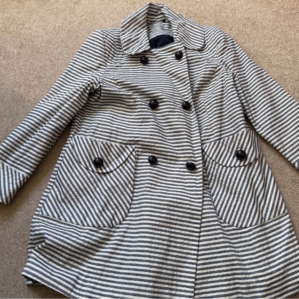 Topshop Striped Trench Coat Navy White Double Breasted Size 8 - Picture 1 of 12